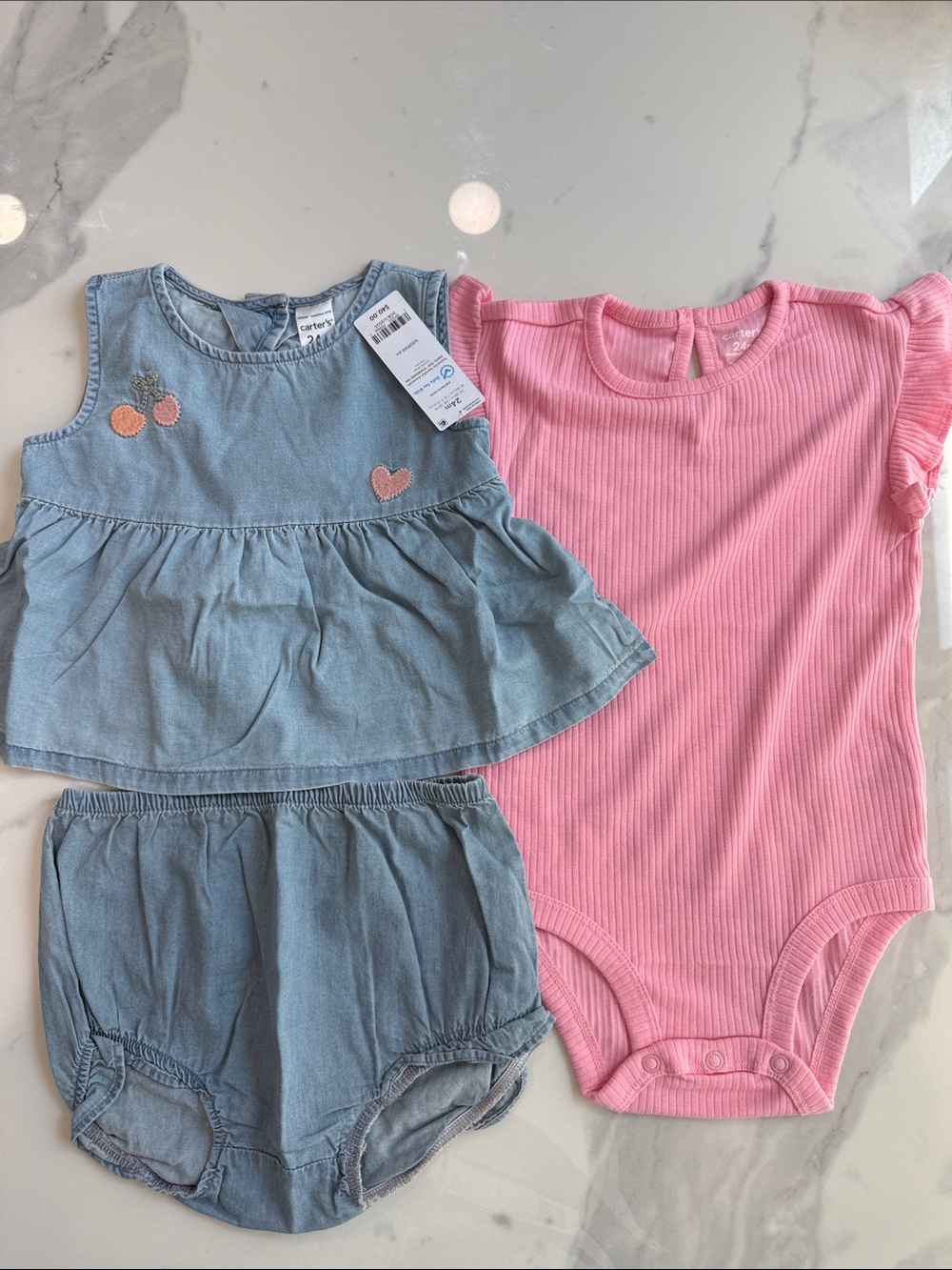 NWT Carter's Pink & Denim Ruffle Romper Set with Cherry Embroidery